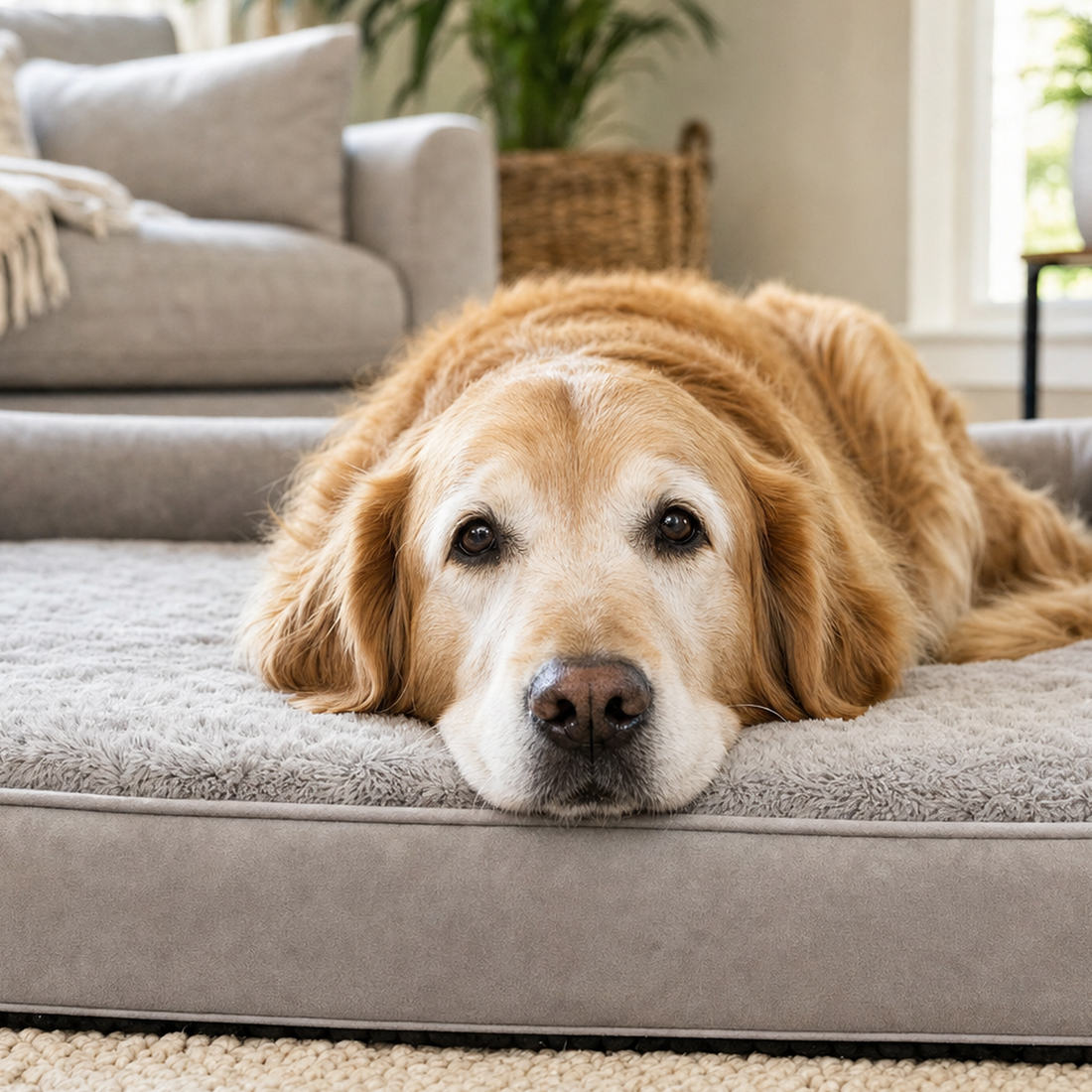 Chien âgé installé dans son lit, tête posée sur le rebord