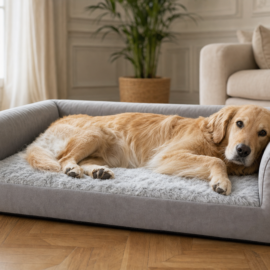 Golden retriever couché dans son lit orthopédique, salon