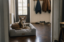 Un petit chien assis sur son matelas, chez lui