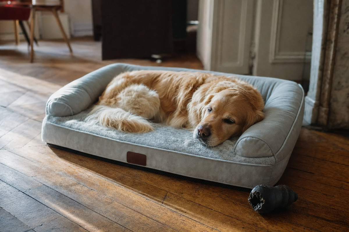 Un chien couché sur le lit orthopédique Houndrest, la tête posée sur le rebord rembourré